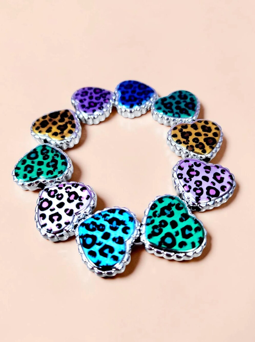 Neon Rainbow Animal Print Glass Heart Stretch Bracelet